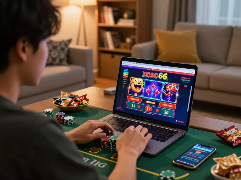 Person engaging in online gambling at xoso66 from a cozy home setup with laptop, chips, and snacks.