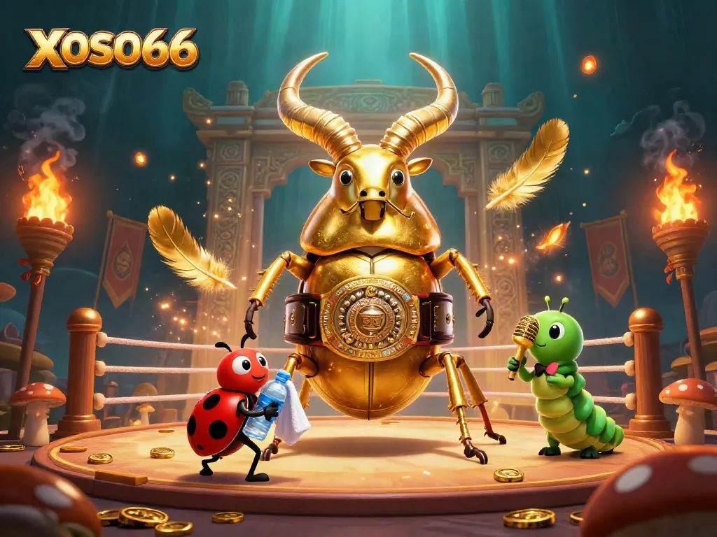XOSO66 showcases a vibrant casino battle arena with a golden stag beetle and characters in action.