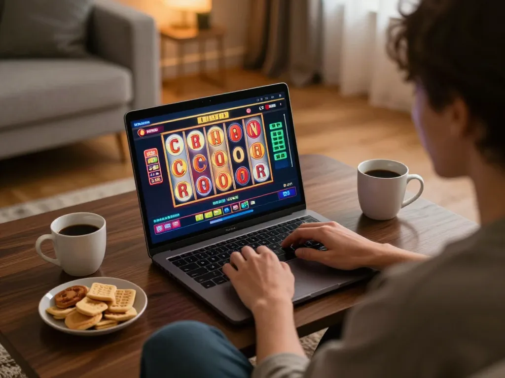 Engaged with Fly88, a player spins the slots online in a cozy home setup.