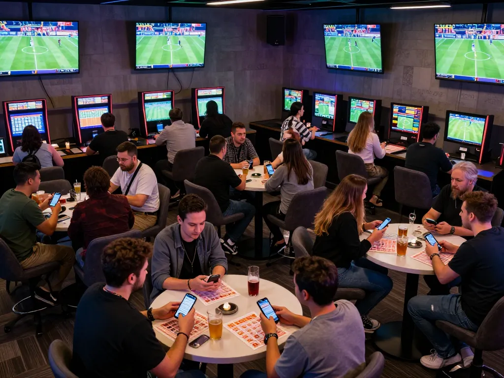 Excited bettors strategizing at sports lounge during a live event with 789win.