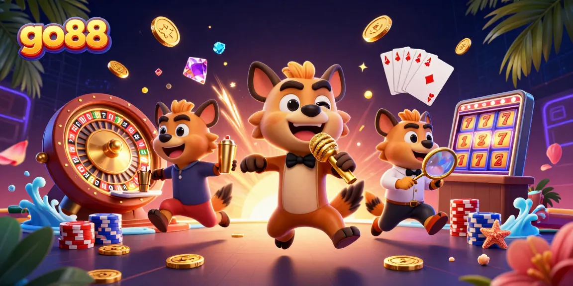 Enjoy the thrills of go88 with animated hyenas in a comedy casino club scene featuring dynamic gaming elements.