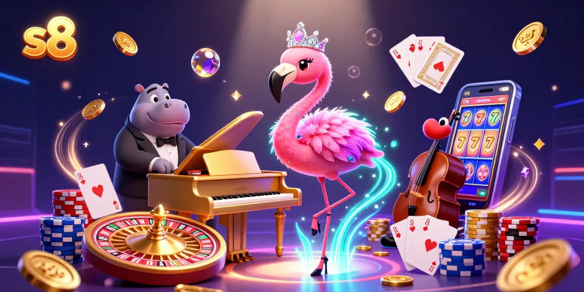 Experience thrilling gameplay at s8 with a vibrant 3D casino scene featuring lucky charm symbols and characters.