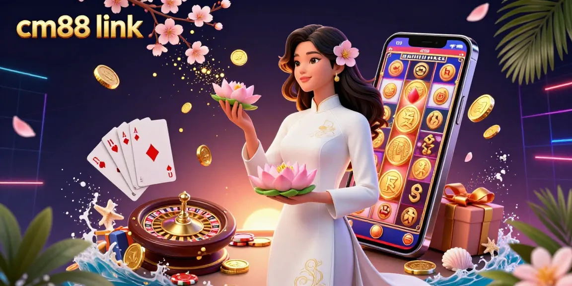 Experience vibrant gaming with cm88 link as a serene Asian woman holds a lotus flower amidst casino elements.