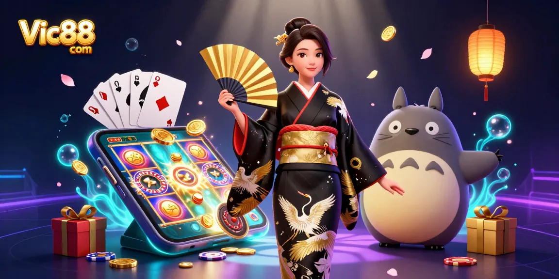 Experience the thrill of Vic88 com with this vibrant 3D illustration of a casino scene.