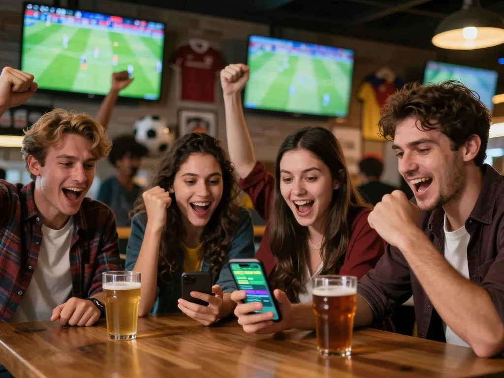 Engaged friends watching live football match, checking bets for trực tiếp bóng đá mu in lively sports bar.
