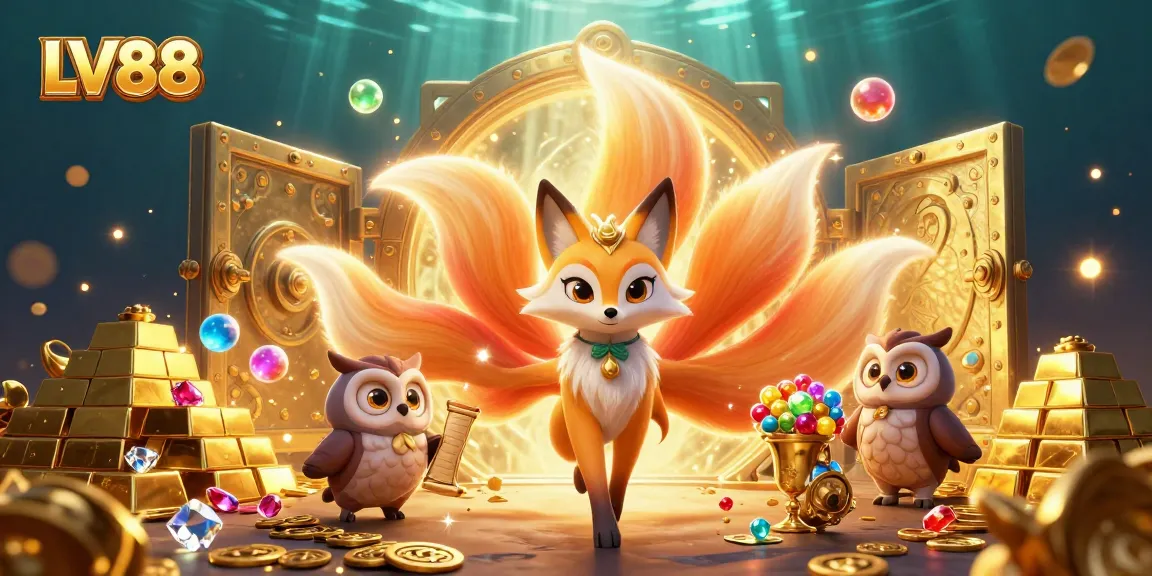 Experience LV88's vibrant casino magic with a nine-tailed fox and treasure in a dazzling scene.