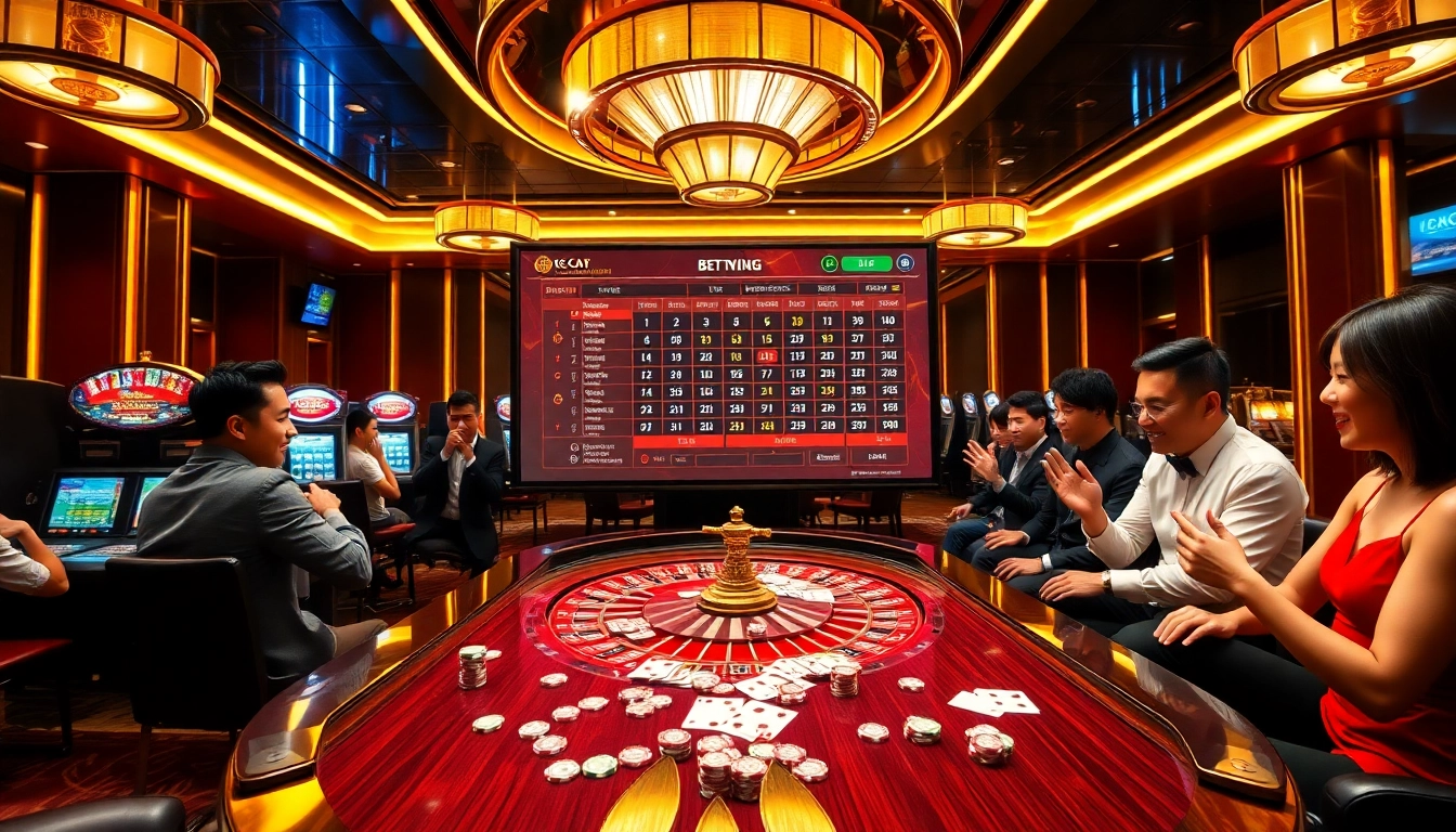 Kèo Nhà Cái betting interface showcased in a vibrant casino scene with excited players and advanced gambling technology.