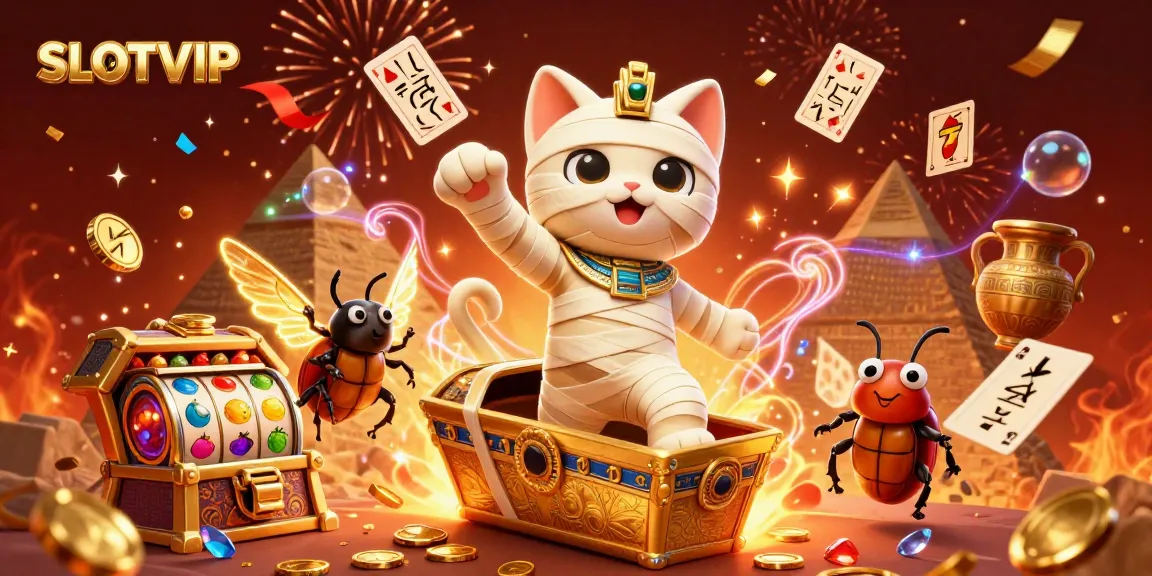 SLOTVIP players engage in thrilling slot games with an animated mummy cat character and vibrant casino elements.