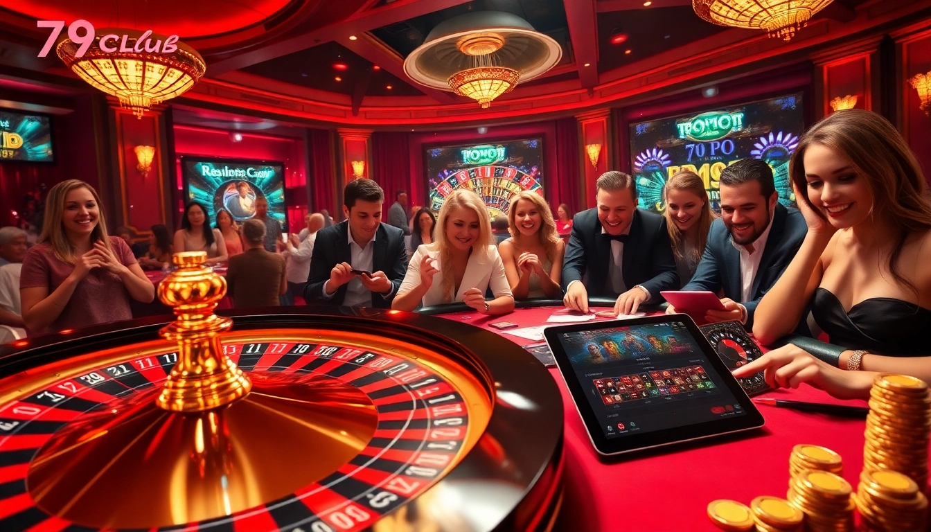 Excited players enjoying a thrilling game at 789club casino with poker chips and cards.