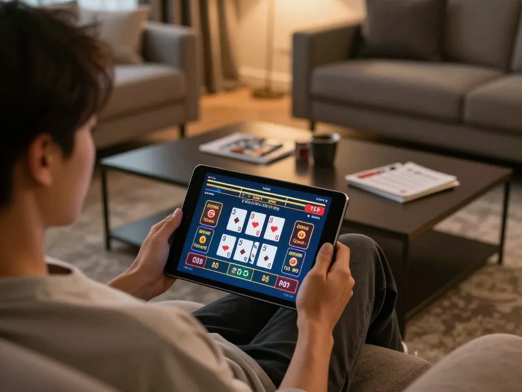 Link vào Lucky88 displayed on tablet screen, showing strategic poker gameplay in a cozy home setting.