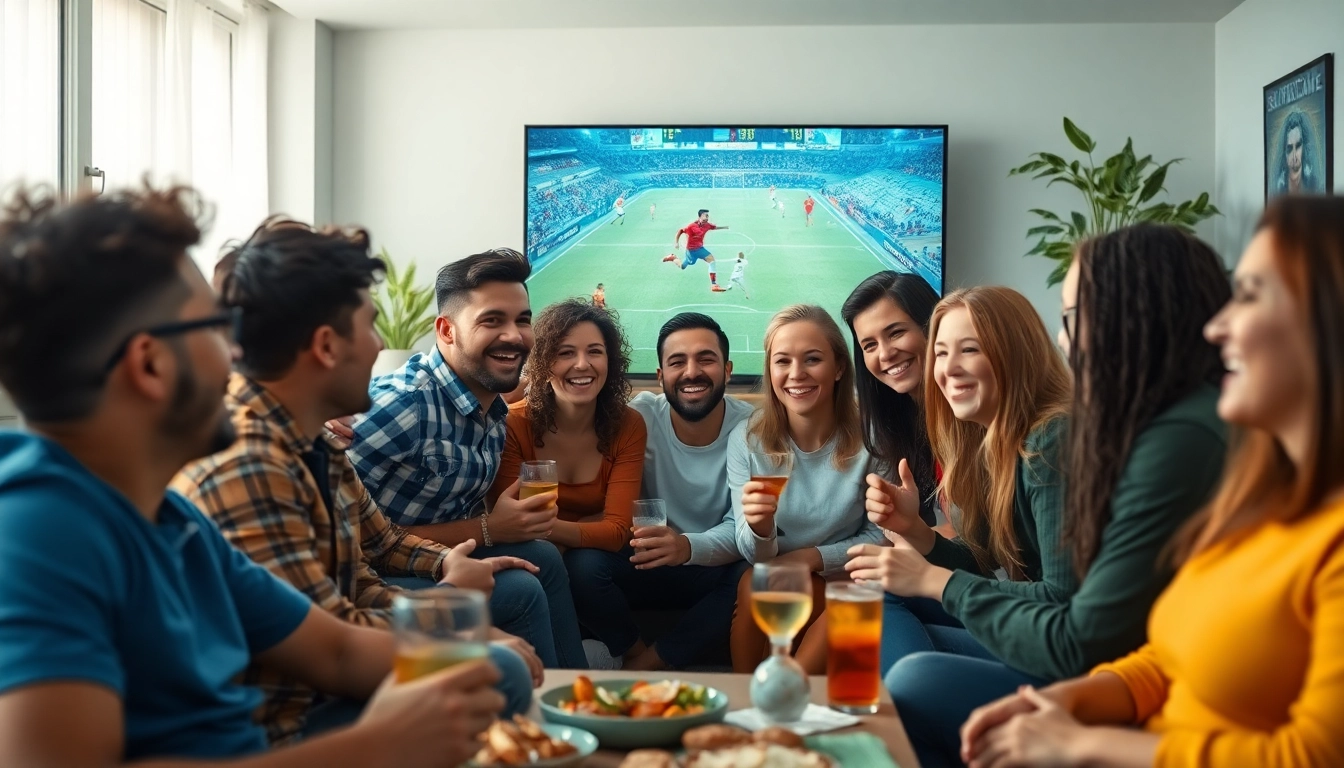 Socolive football fans joyfully watching a live match at home