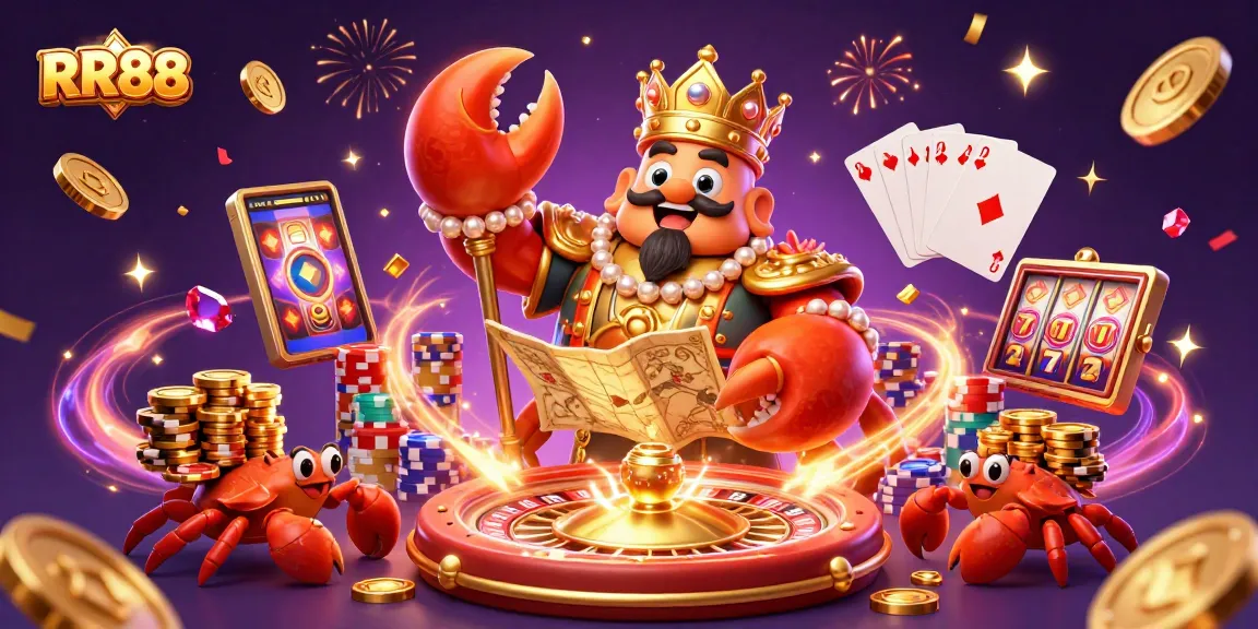 Engage in thrilling gaming adventures with RR88's vibrant casino illustration showcasing exciting elements like a roulette wheel and golden treasures.