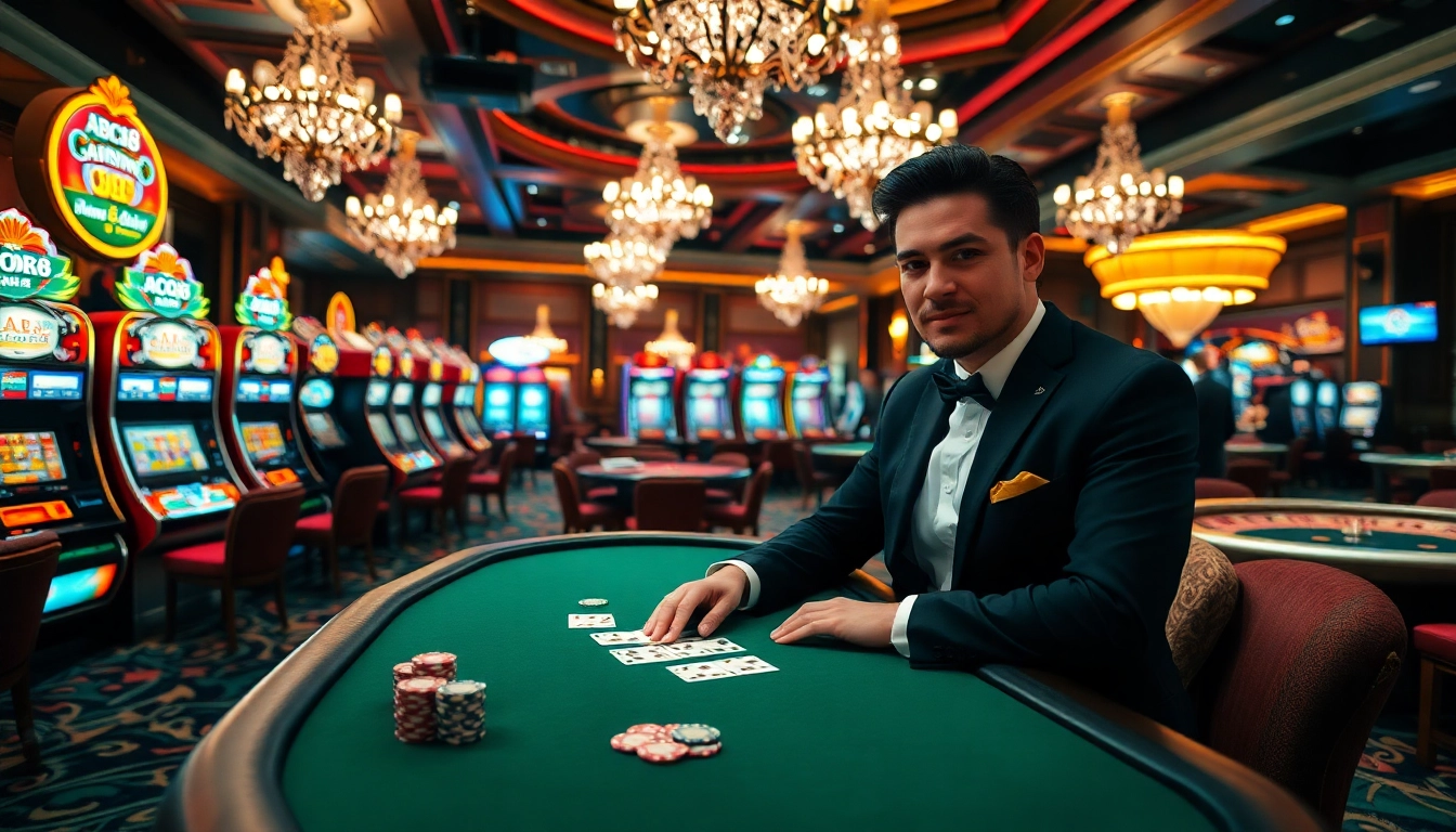 ABC8 player strategically betting at a poker table with chips and cards in a luxurious casino setting.