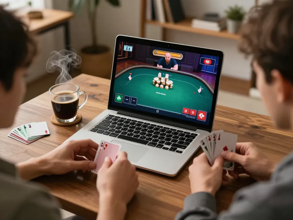 Players strategizing on 98win while enjoying a cozy home poker game.