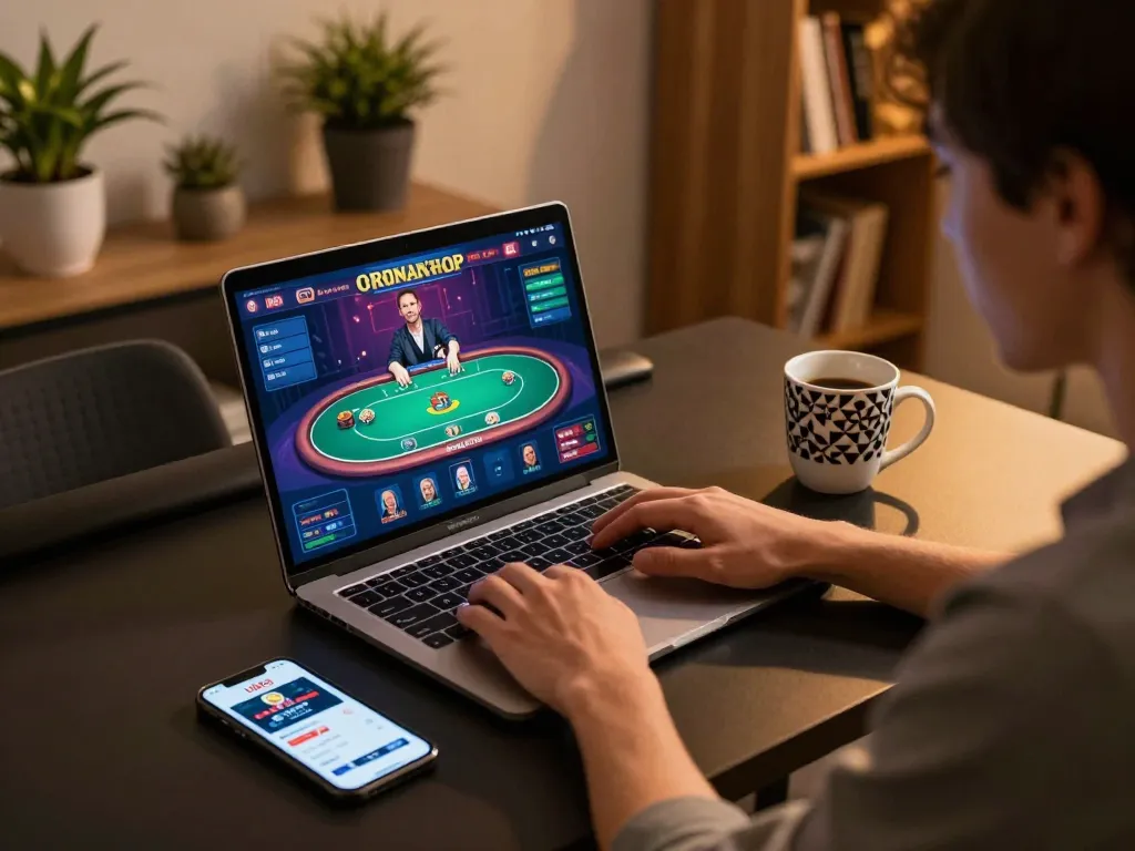 Player enjoying U888 live casino games on a laptop, showcasing an engaging online gambling experience.