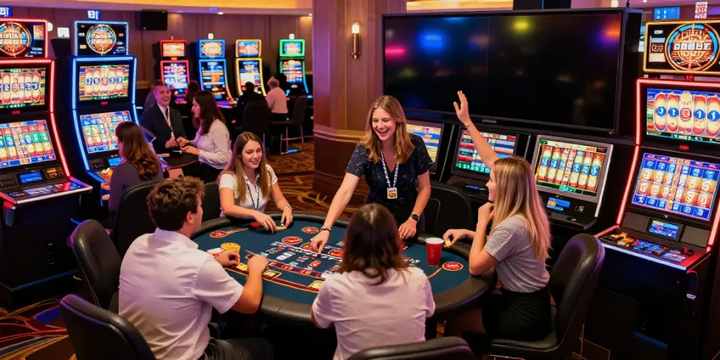 Exciting scene at a casino not on gamstop, featuring players at slot machines and tables.