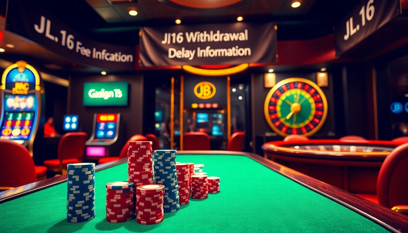 Visualizing JL16 Withdrawal Delay, a casino scene with poker chips, a slot machine, and a spinning roulette wheel.