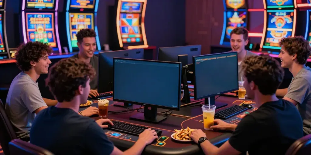 Group of friends playing casino not on GamStop games on a computer.