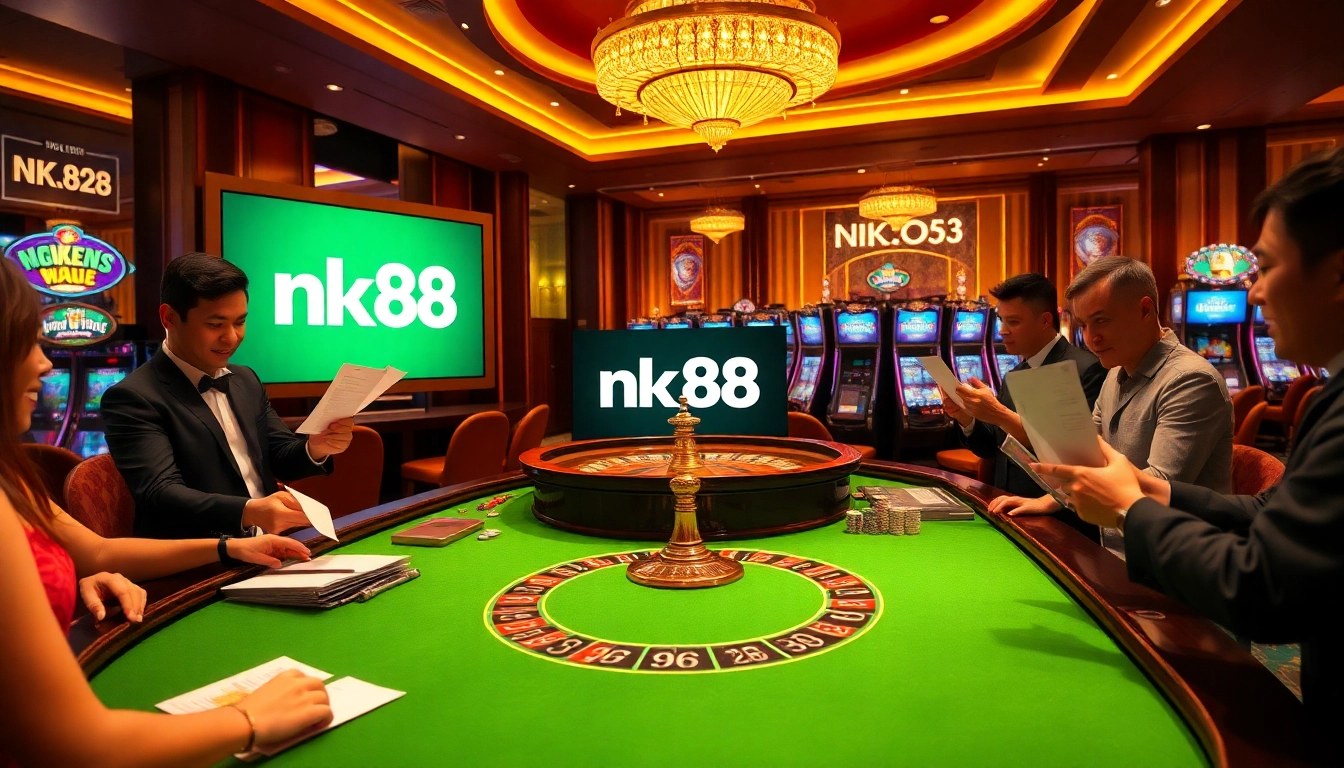 Engage with nk88 at a luxurious casino table, surrounded by players and vibrant slot machines.