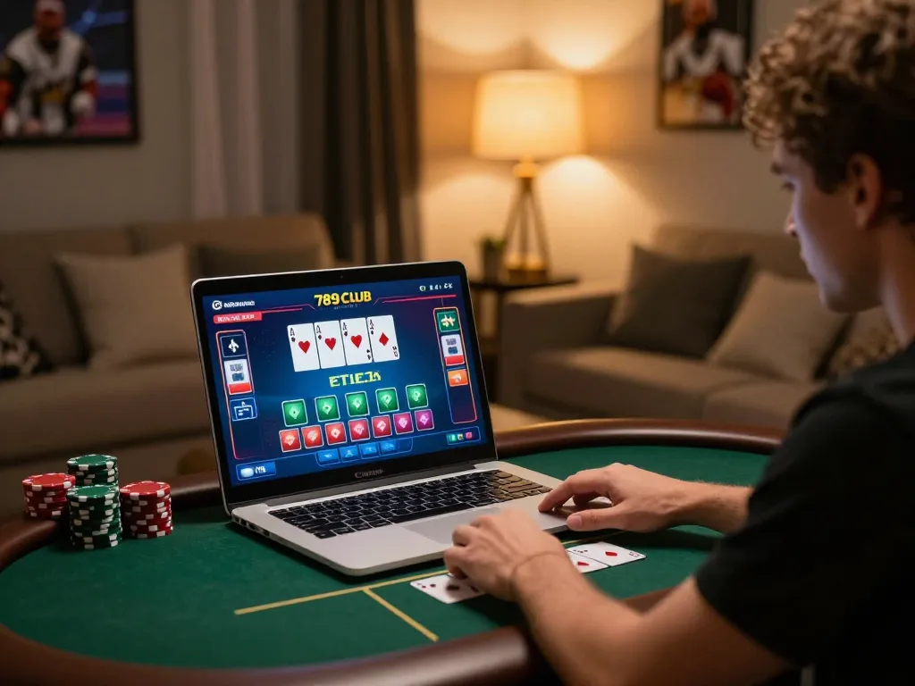Player enjoying poker on 789Club via laptop in cozy home, focusing on strategy and comfort.
