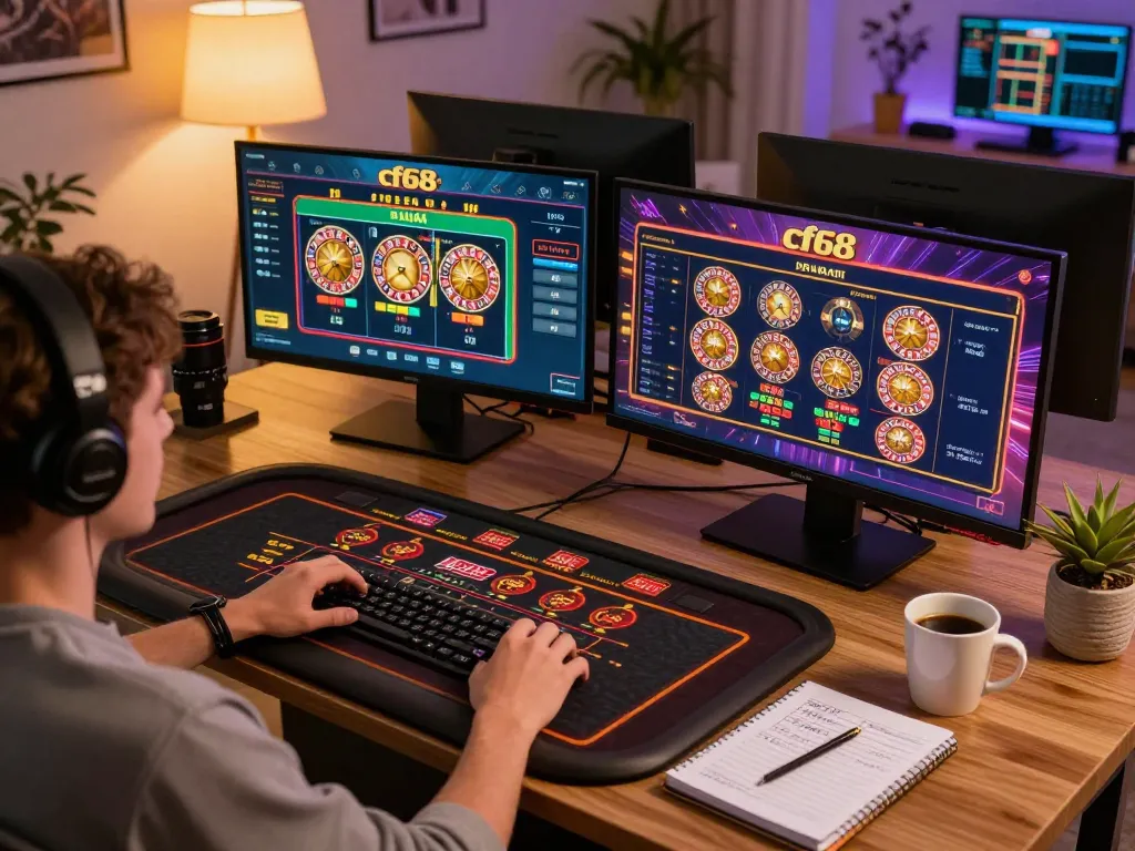 Player engaging with cf68 online casino, showcasing excitement and strategy at a modern gaming setup.