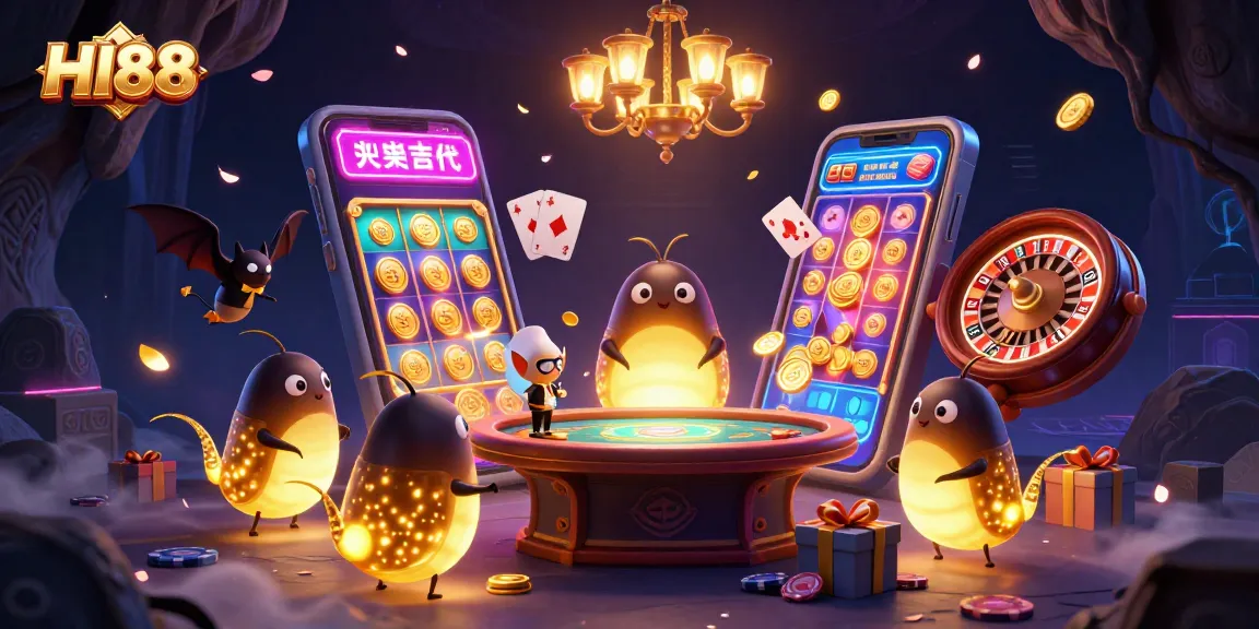 Engage with HI88's vibrant cave casino scene lit by glowworms and a bat dealer.