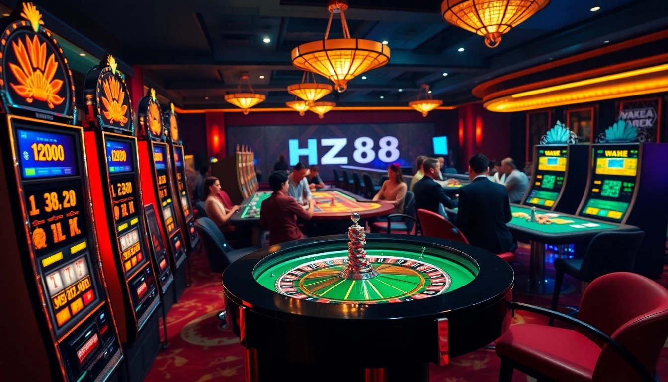 Exciting casino experience at HZ88 with players at slot machines and roulette tables.