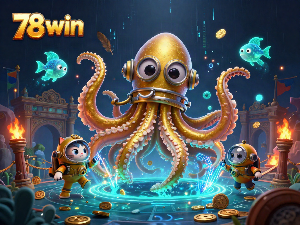 Engage with 78 win's thrilling gaming experience featuring a colorful kraken and diving cat.