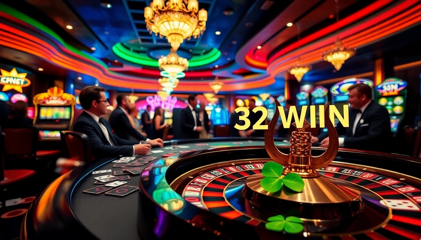 Experience the excitement of a luxury casino with vibrant “32 win” poker chips and roulette tables, capturing the thrill of winning.