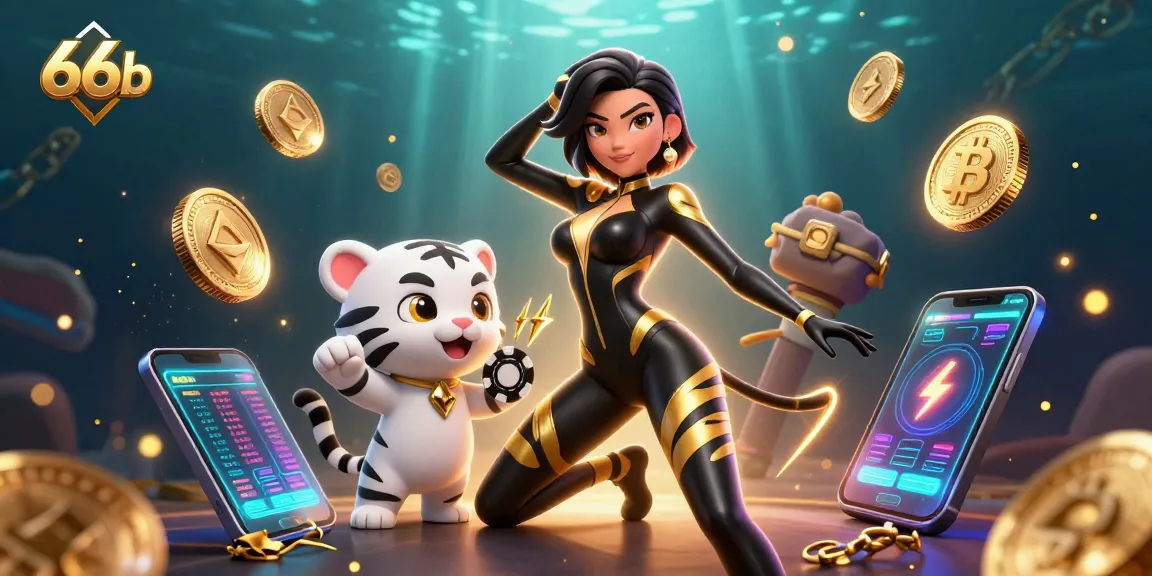 Engage with the vibrant 66b casino scene featuring a dynamic woman and playful tiger amidst neon coins.