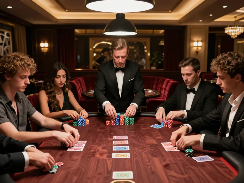 EE88 poker players strategizing on luxury table, colorful chips stacked amidst tense gameplay.