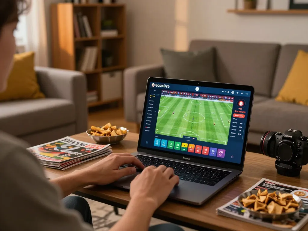 Socolive sports betting on a laptop in a cozy living room setting with engaging content.