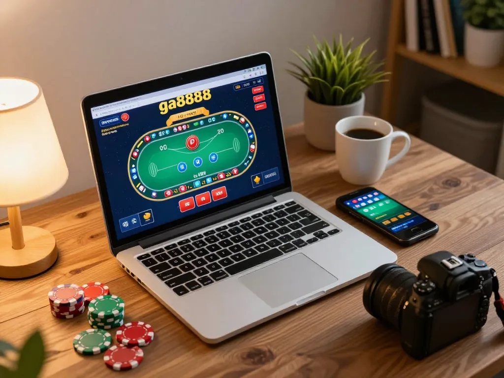 Engaging online gaming experience at ga8888 with vibrant poker action on laptop.