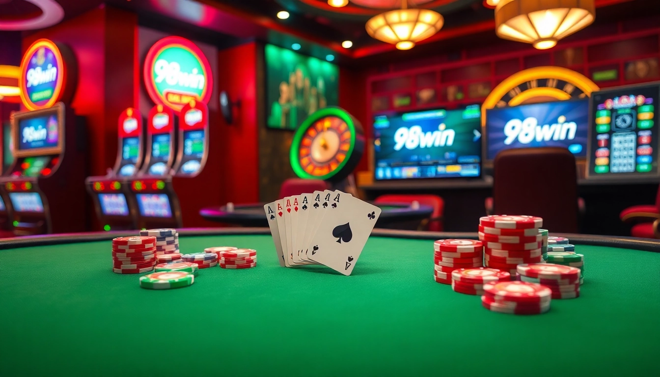 Experience high-stakes thrills at 98win's casino with vibrant tables and winning bets.