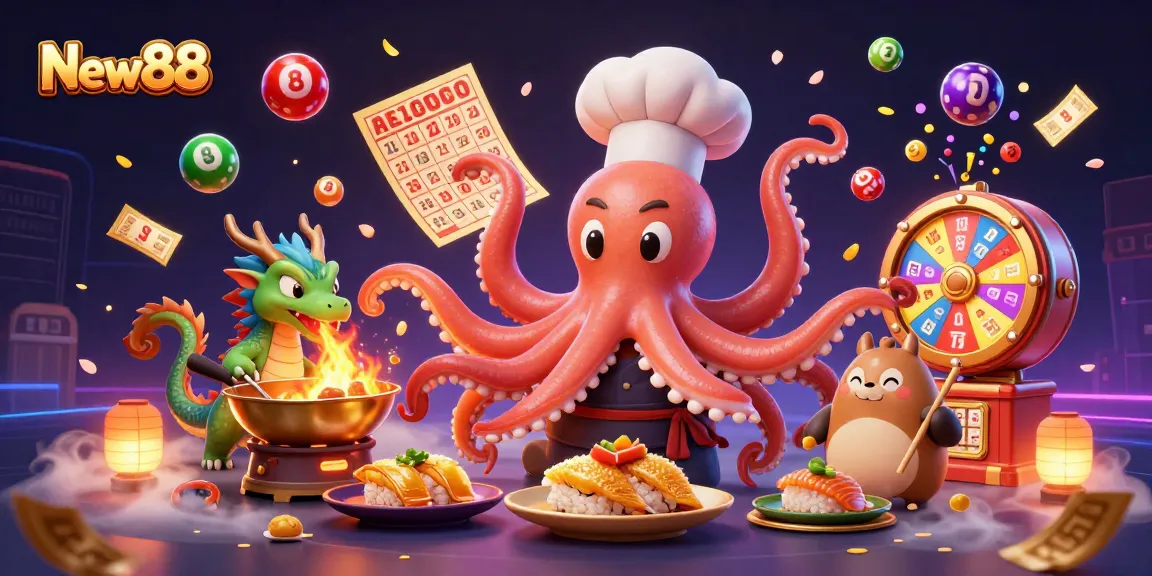Engage with New88's dynamic gaming scene featuring vibrant lottery elements and 3D cartoon characters.