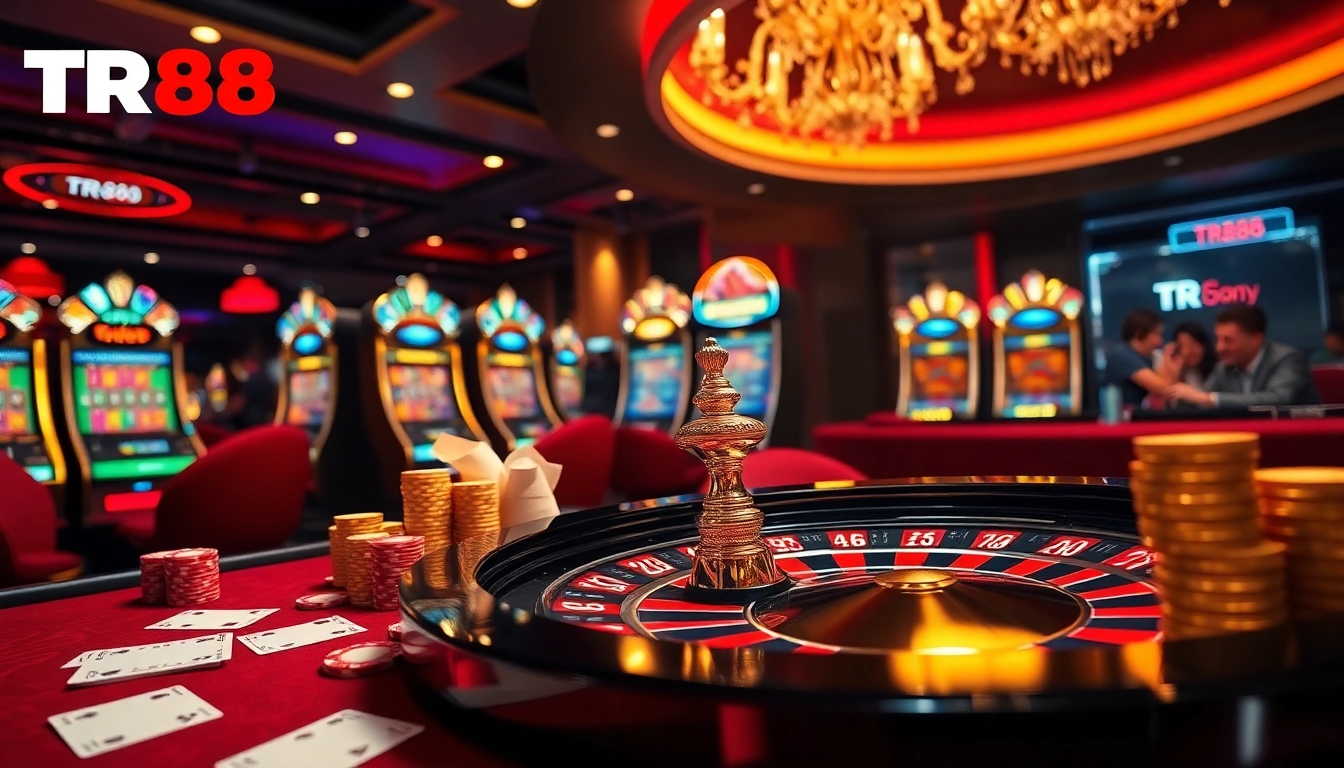 Experience excitement with TR88 at a luxurious online casino featuring vibrant slot machines and roulette.