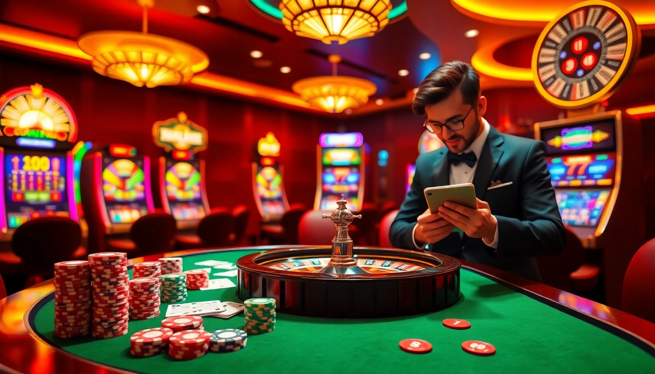 Gamble strategically at https://77ball.org/ with poker chips and roulette wheel in a vibrant casino atmosphere.