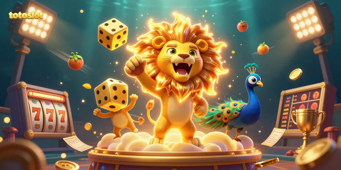 Play exciting totoslot games with a vibrant 3D casino scene featuring lucky symbols.