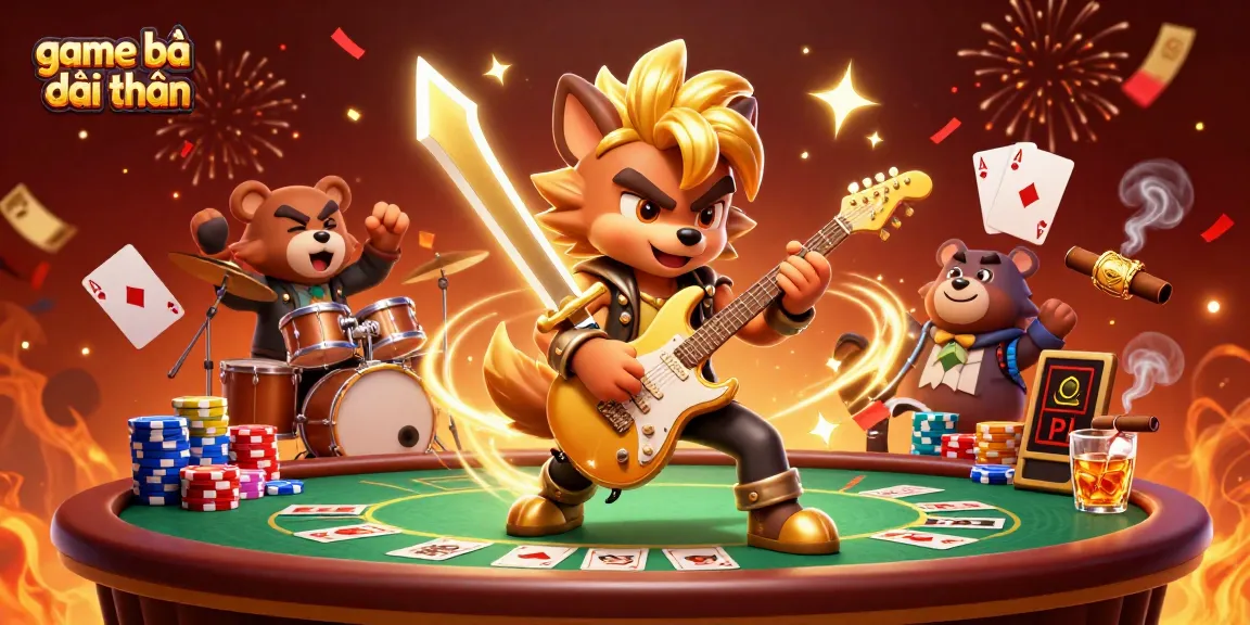 Engage with game bài đổi thưởng as a rock star wolf performs wildly on a vibrant casino stage.