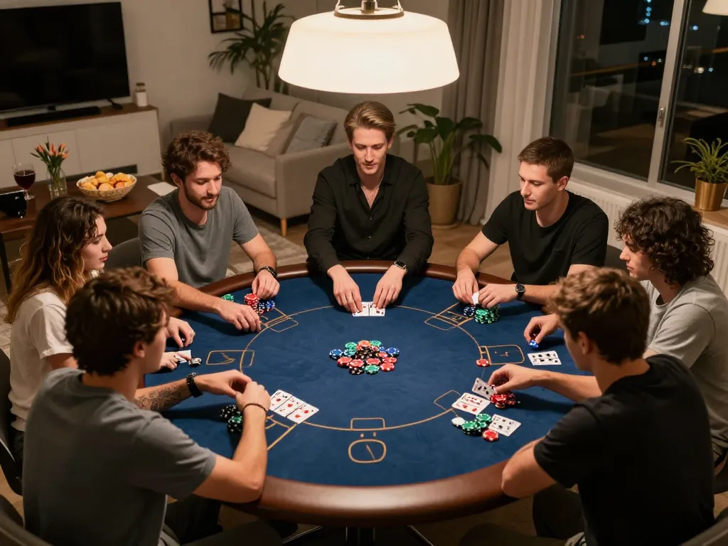 Friends enjoying a competitive poker night at home featuring HZ88 gaming experiences.