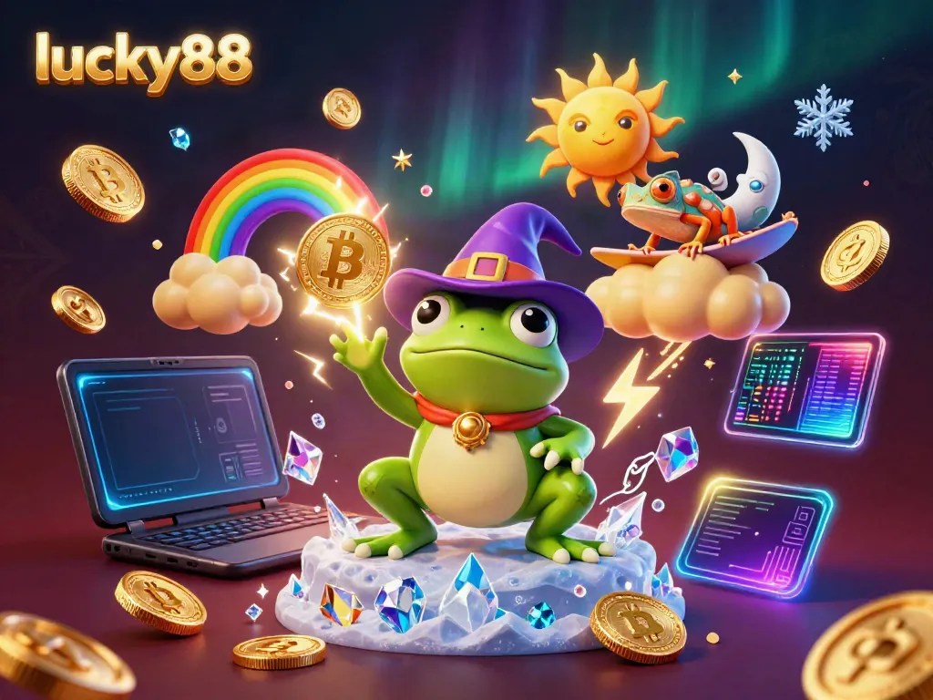 Experience lucky88's vibrant gaming atmosphere with a wizard frog and chameleon amidst golden coins.