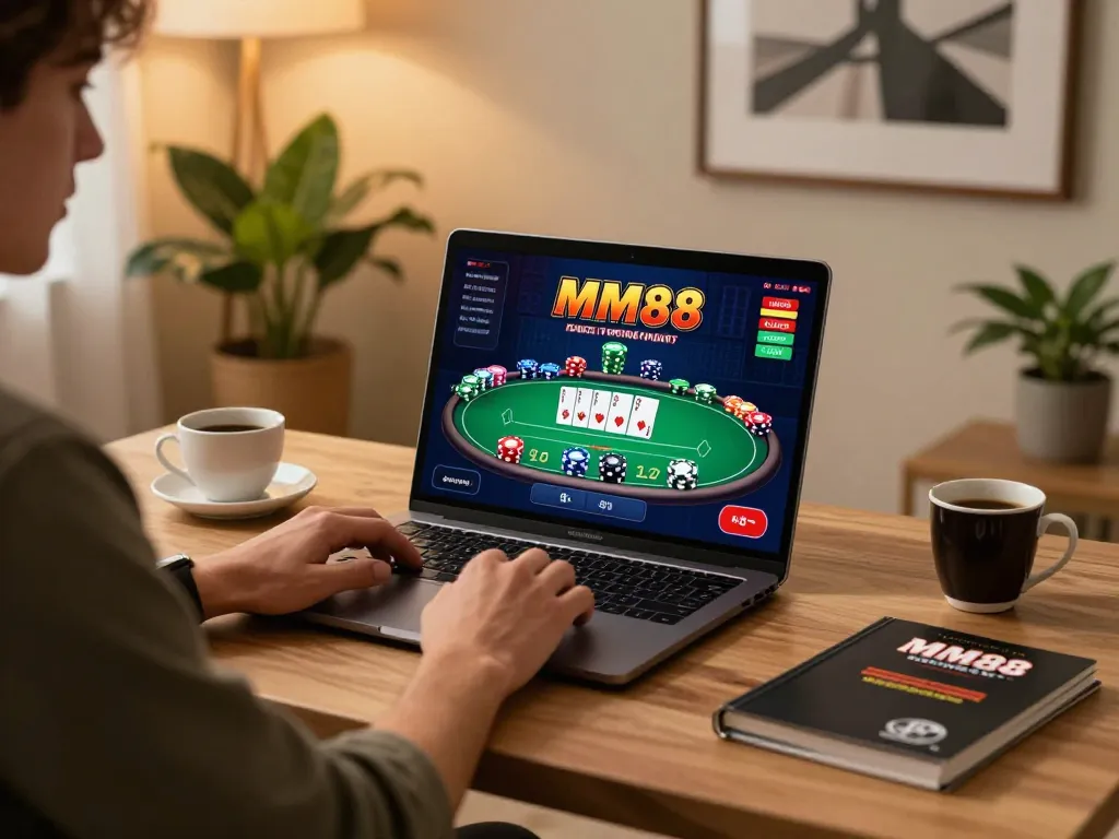 Player immersed in mm88 online poker gameplay on laptop, showcasing a strategic home gaming setup.