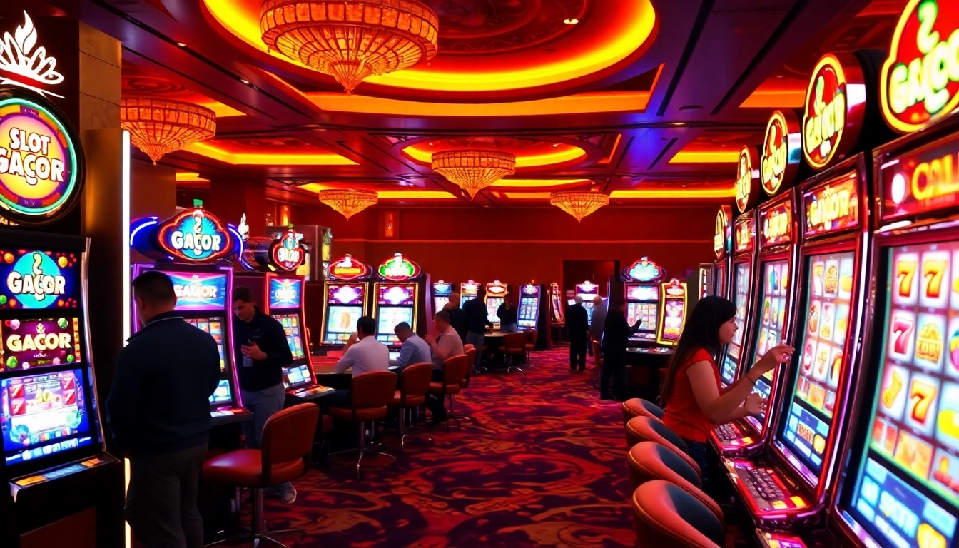 Engaging players at bright slot gacor machines in a vibrant casino setting.