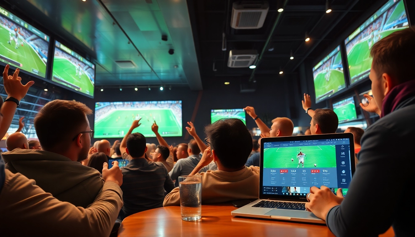 Exciting sports betting scene featuring keonhacai platform on devices amidst fans enjoying a football match.