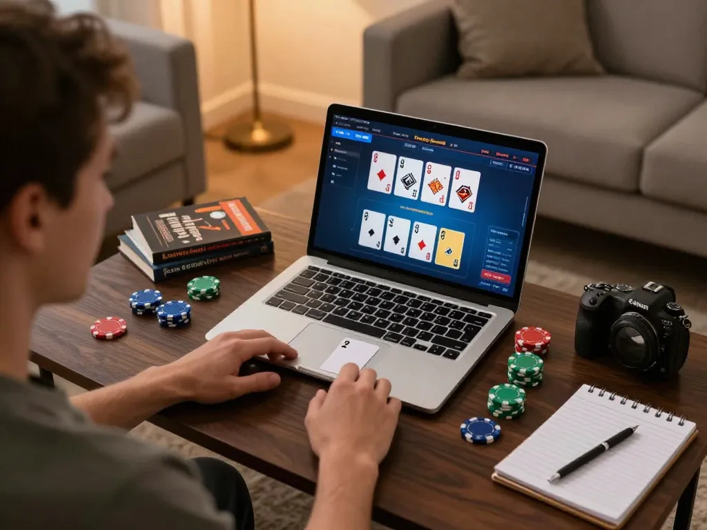 pemain vt789 menganalisis strategi poker selama sesi permainan online di rumah, menangkap permainan yang strategis.