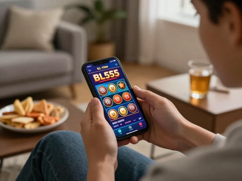 Player enjoying casino games on BL555 app in a cozy home setting, showcasing responsible gaming.