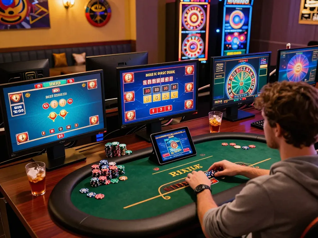 Player engaging with online casino games at home featuring fly88mb interface and vibrant gameplay