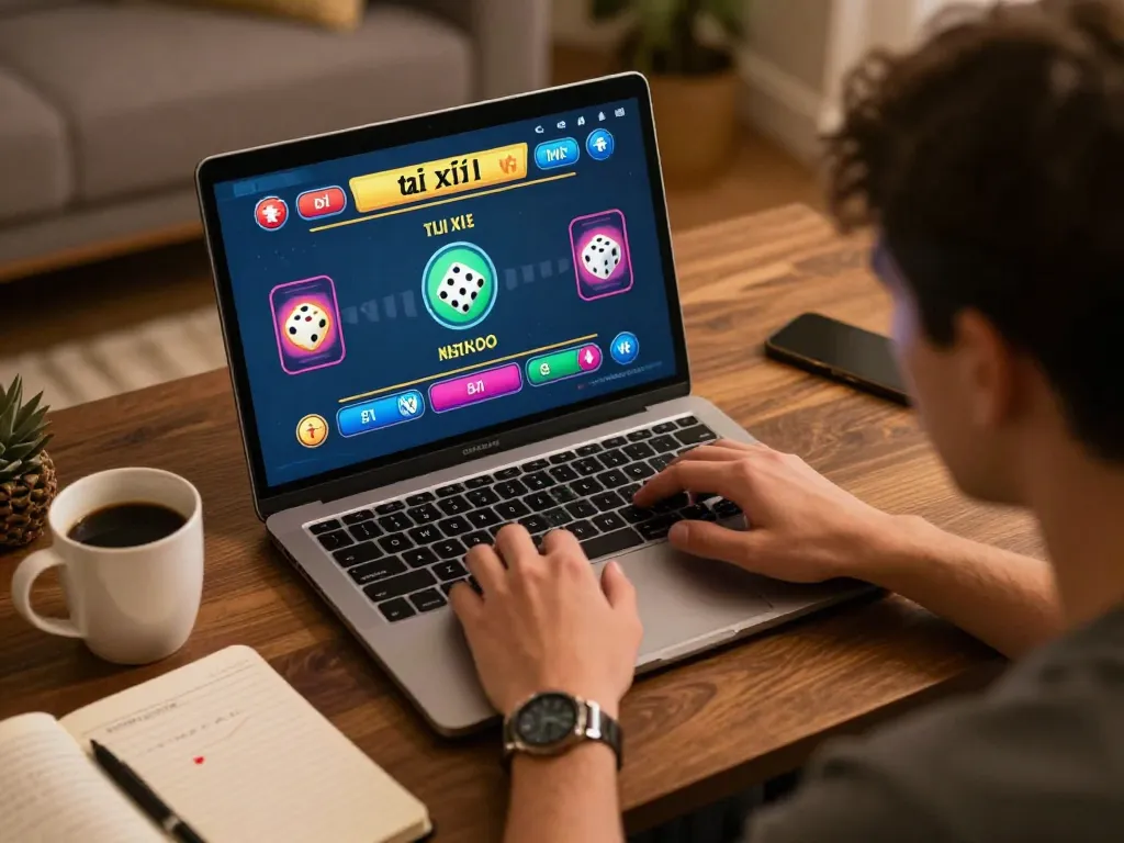Engaged player enjoying tài xỉu online, betting on dice outcomes at home with strategy notes.