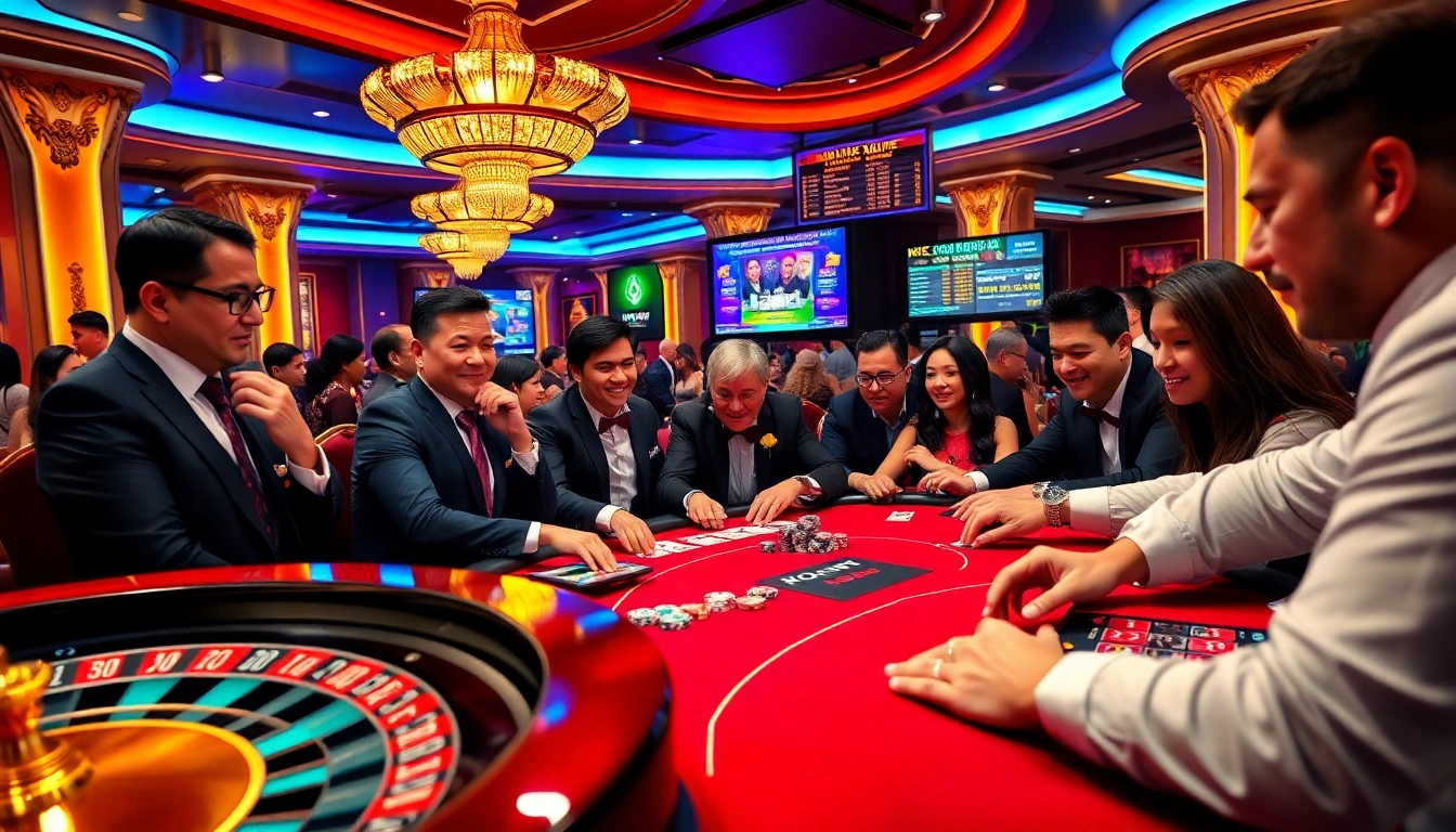 Players at TV88 experience excitement while engaging in strategic poker games with vibrant casino decor.