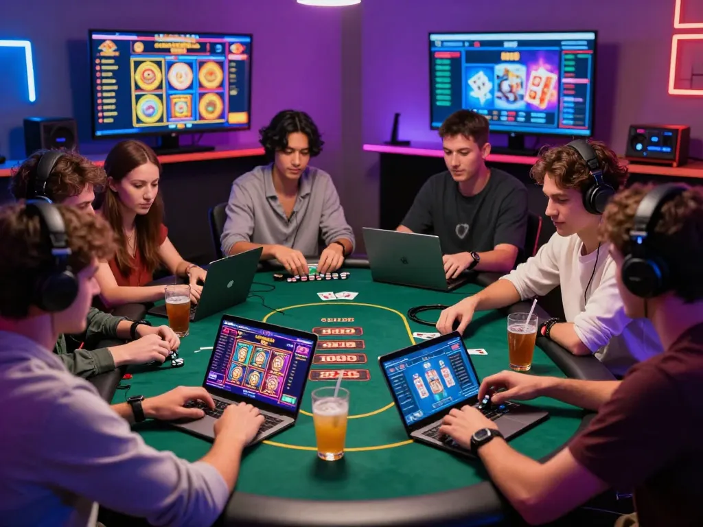 Engaging online gambling scene with friends playing TG88 games on laptops, showcasing vibrant atmosphere and game graphics.